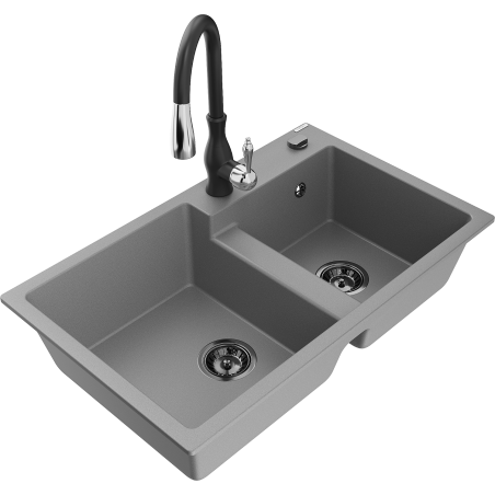 Mexen Tomas fregadero de granito de 2 cámaras con grifo de cocina Savita, gris - 6516-71-672601-70-B