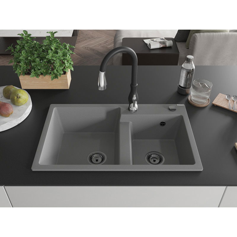 Mexen Tomas granite sink 2-bowl with Savita kitchen tap, grey - 6516-71-672601-70-B