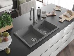 Mexen Tomas fregadero de granito de 2 senos con grifo de cocina Savita, gris - 6516-71-672601-71