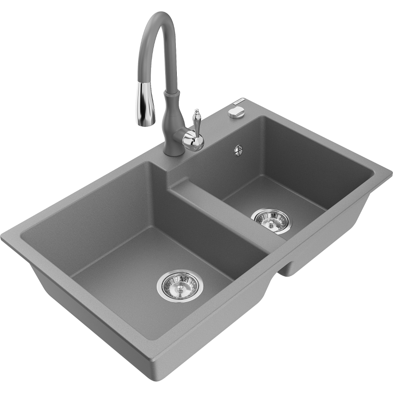 Mexen Tomas lavello in granito a 2 vani con rubinetto da cucina Savita, grigio - 6516-71-672601-71