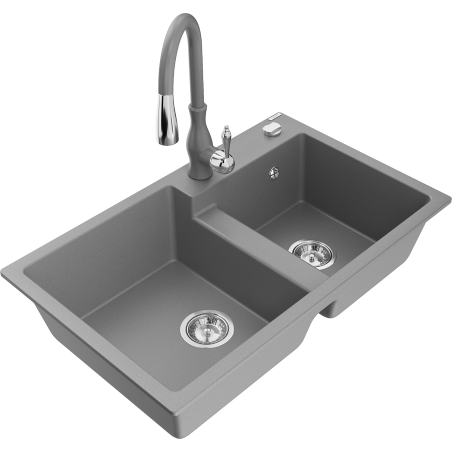 Mexen Tomas fregadero de granito de 2 senos con grifo de cocina Savita, gris - 6516-71-672601-71