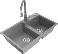 Mexen Tomas granite kitchen sink double-bowl with Savita kitchen tap, grey - 6516-71-672601-71