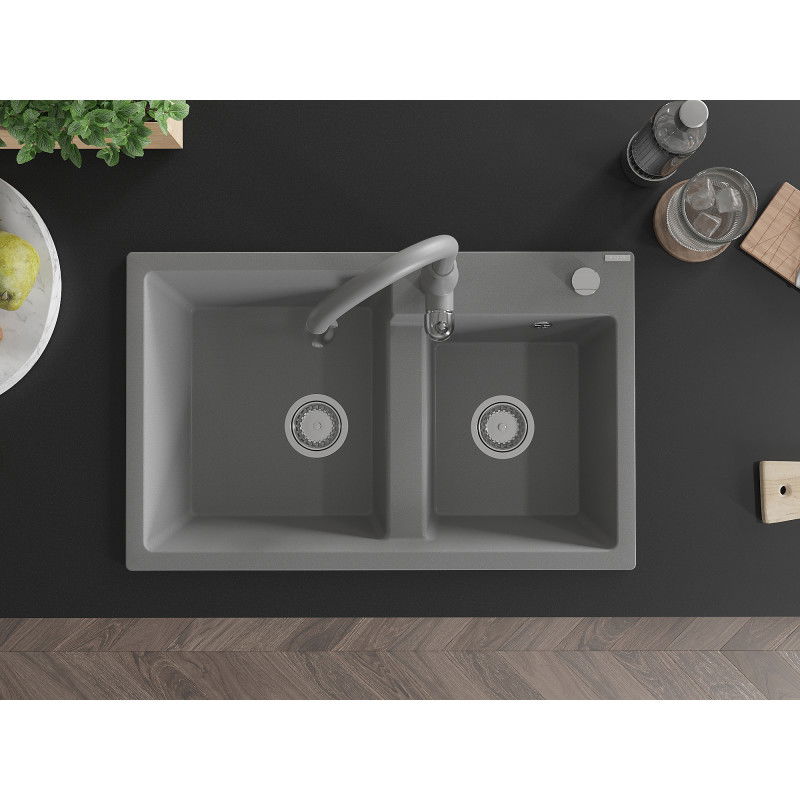 Mexen Tomas granite kitchen sink double-bowl with Savita kitchen tap, grey - 6516-71-672601-71