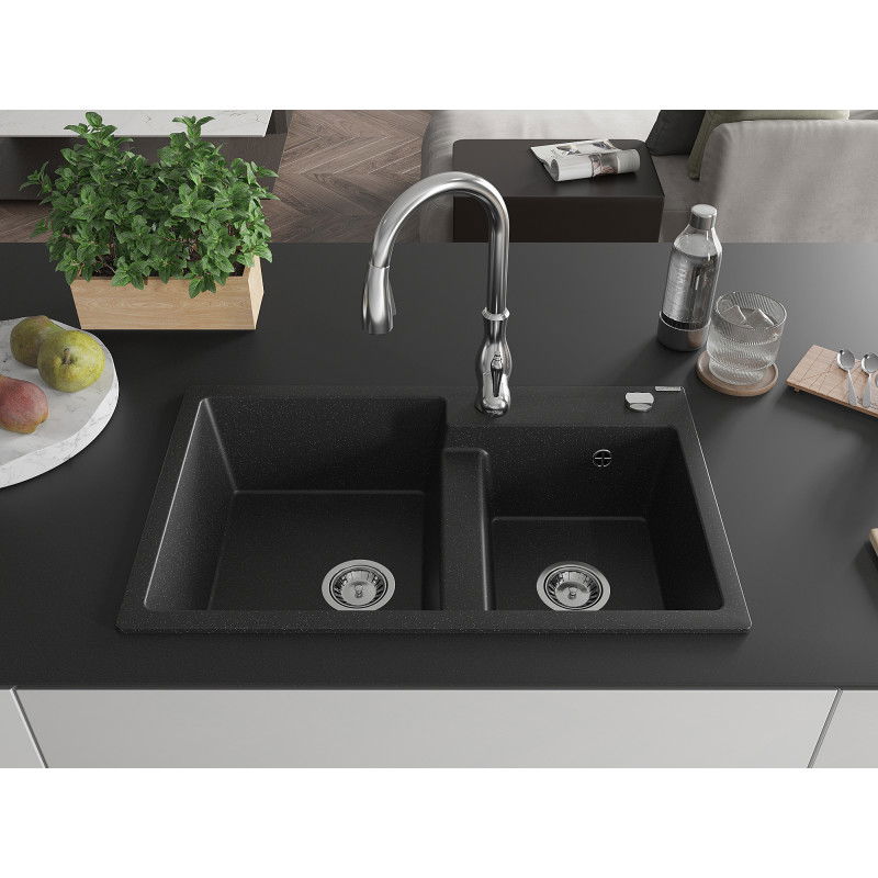 Mexen Tomas granite sink 2-chamber with Savita kitchen tap, black/silver metallic - 6516-73-672601-00