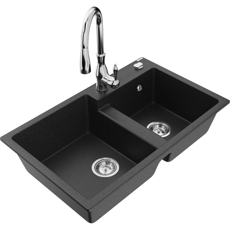 Mexen Tomas fregadero de granito de 2 senos con grifo de cocina Savita, negro/plateado metálico - 6516-73-672601-00