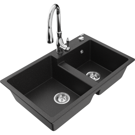 Mexen Tomas fregadero de granito de 2 senos con grifo de cocina Savita, negro/metálico plateado - 6516-73-672601-00