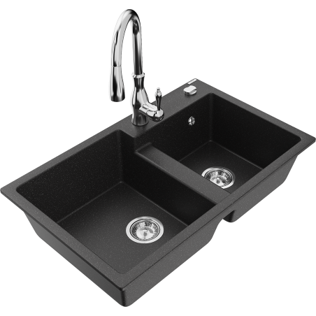 Mexen Tomas granite sink 2-chamber with Savita kitchen tap, black/silver metallic - 6516-73-672601-00