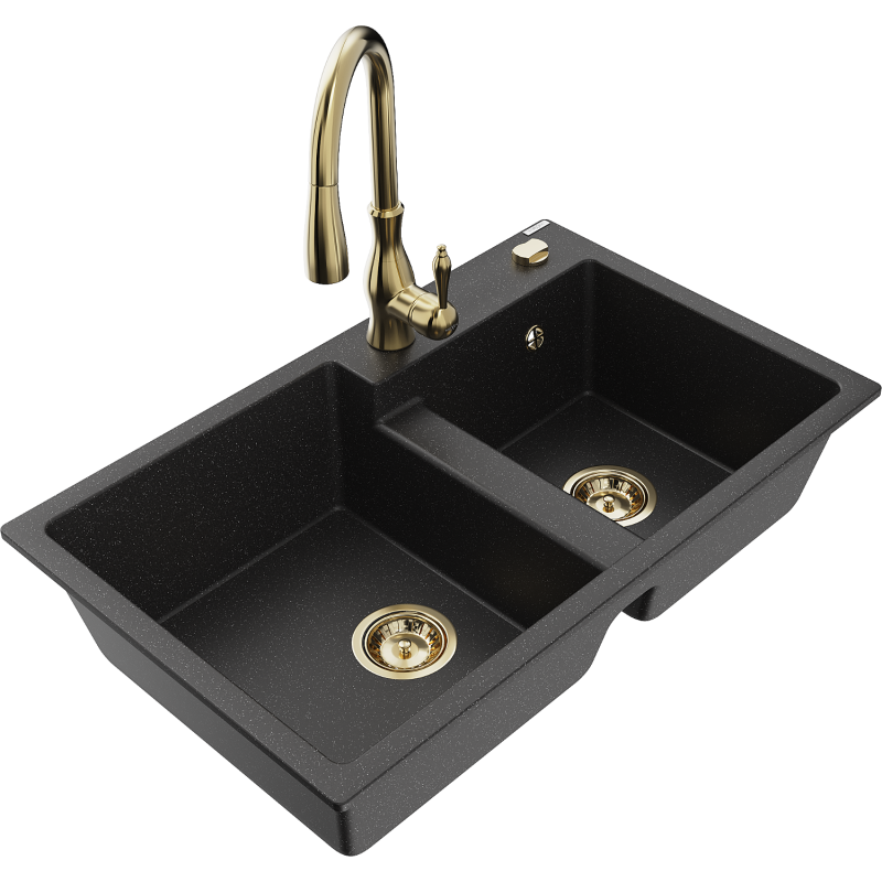Mexen Tomas granieten gootsteen 2-kamer met keukenkraan Savita, zwart/zilver metallic - 6516-73-672601-50