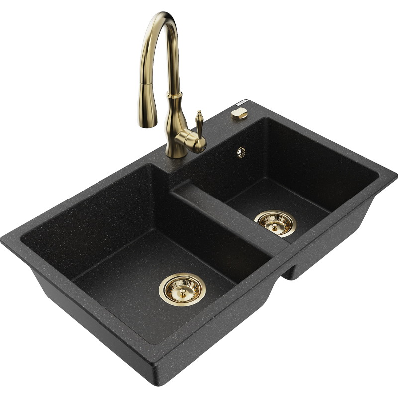 Mexen Tomas granitische spoelbak met 2 kamers en keukenmengkraan Savita, zwart/zilver metallic - 6516-73-672601-50