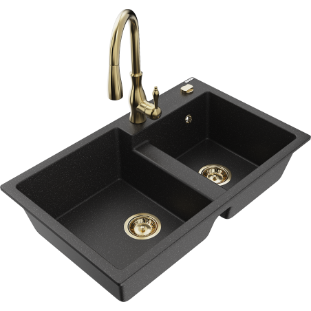 Mexen Tomas granieten gootsteen 2-kamer met keukenkraan Savita, zwart/zilver metallic - 6516-73-672601-50