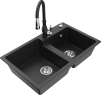 Mexen Tomas fregadero de granito de 2 compartimentos con grifo de cocina Savita, negro/plata metálica - 6516-73-672601-70