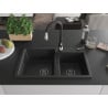 Mexen Tomas lavello da cucina in granito a 2 vasche con miscelatore da cucina Savita, nero/argento metallizzato