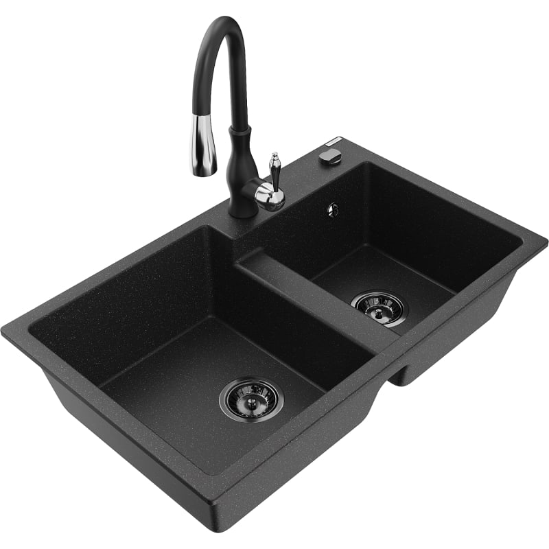 Mexen Tomas Évier en granit à 2 bacs avec robinet de cuisine Savita, noir/métallisé argenté - 6516-73-672601-70-B