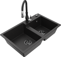 Mexen Tomas lavello in granito a 2 vasche con miscelatore da cucina Savita, nero/argento metallizzato - 6516-73-672601-70-B