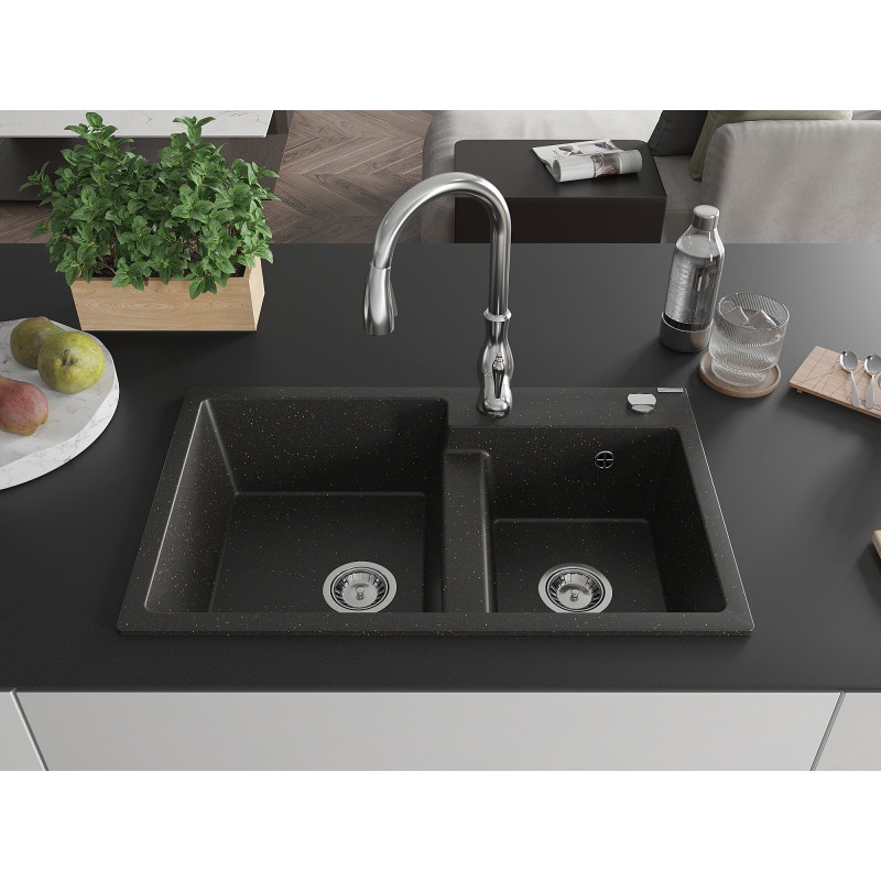 Mexen Tomas granitische gootsteen met 2 compartimenten en keukenmengkraan Savita, zwart/goud metallic - 6516-75-672601-00