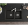 Mexen Tomas granite sink 2-bowl with Savita kitchen tap, black/gold metallic - 6516-75-672601-00