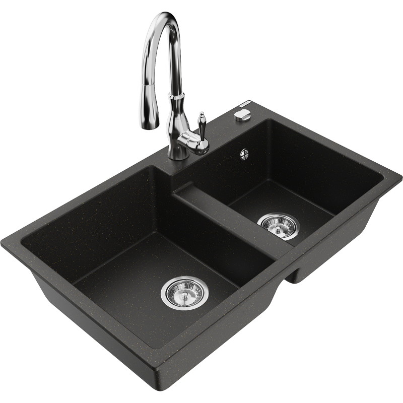 Mexen Tomas fregadero de granito de 2 compartimentos con grifo de cocina Savita, negro/dorado metálico - 6516-75-672601-00
