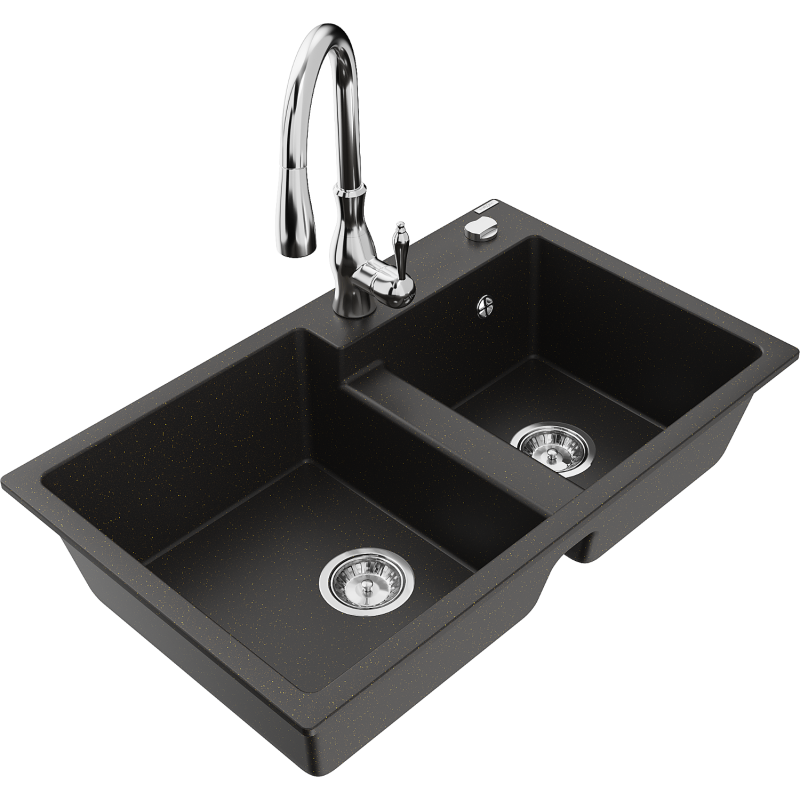 Mexen Tomas granite sink 2-bowl with Savita kitchen tap, black/gold metallic - 6516-75-672601-00
