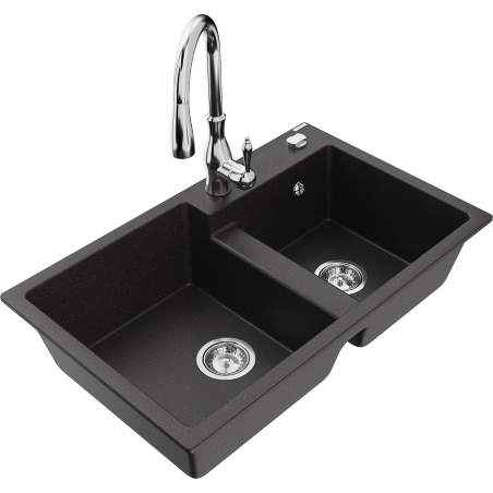 Mexen Tomas granite sink 2-bowl with Savita kitchen tap, black/gold metallic - 6516-75-672601-00