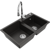Mexen Tomas granite sink 2-bowl with Savita kitchen tap, black/gold metallic - 6516-75-672601-00
