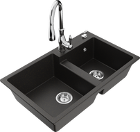 Mexen Tomas fregadero de granito de 2 senos con grifo de cocina Savita, negro/dorado metálico - 6516-75-672601-00