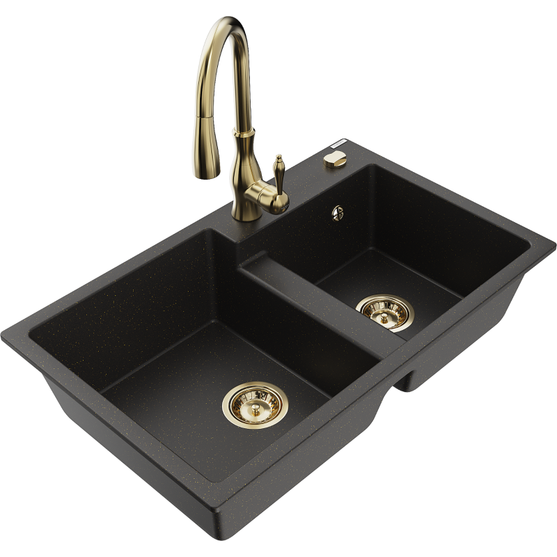 Mexen Tomas granite sink 2-bowl with Savita kitchen tap, black/gold metallic - 6516-75-672601-50
