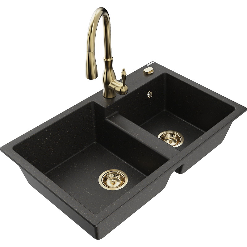 Mexen Tomas granitenspoelbak 2-kamer met keukenmengkraan Savita, zwart/gouden metallic - 6516-75-672601-50
