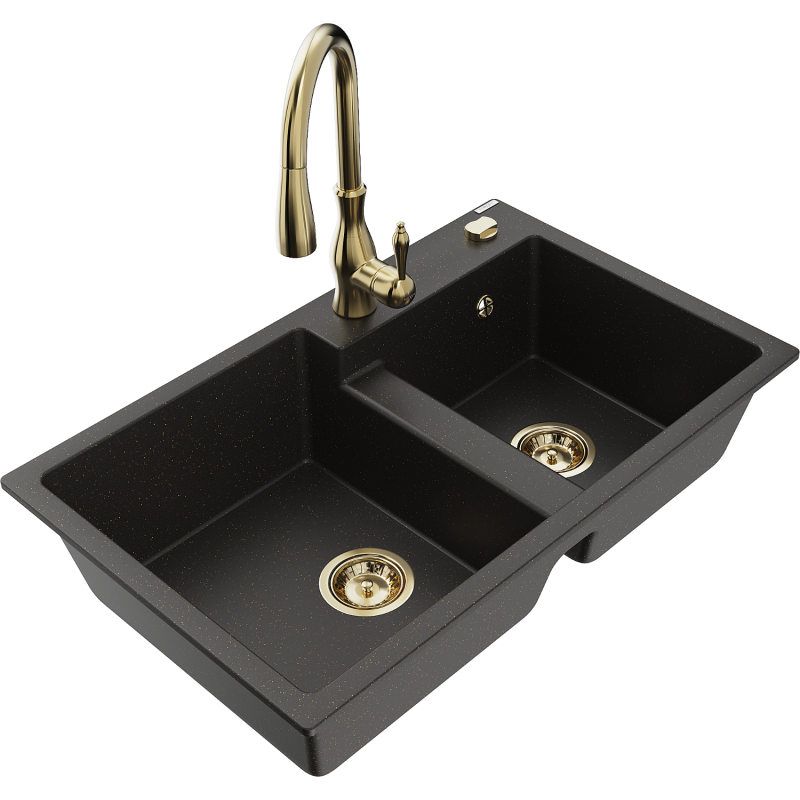 Mexen Tomas Kaksiosainen graniittiallas keittiöhanalla Savita, musta/kulta metallinhohto - 6516-75-672601-50