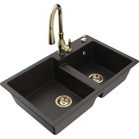 Mexen Tomas granieten spoelbak met 2 kamers en keukenmengkraan Savita, zwart/goud metallic - 6516-75-672601-50