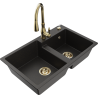Mexen Tomas granite sink 2-bowl with Savita kitchen tap, black/gold metallic - 6516-75-672601-50