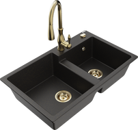 Mexen Tomas fregadero de granito de 2 senos con grifo de cocina Savita, negro/dorado metálico - 6516-75-672601-50