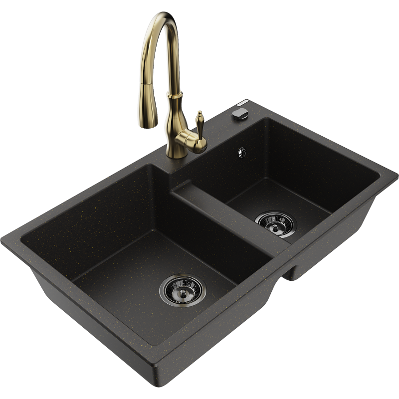 Mexen Tomas lava-loiça de granito com 2 cubas e torneira de cozinha Savita, preto/dourado metálico - 6516-75-672601-50-B