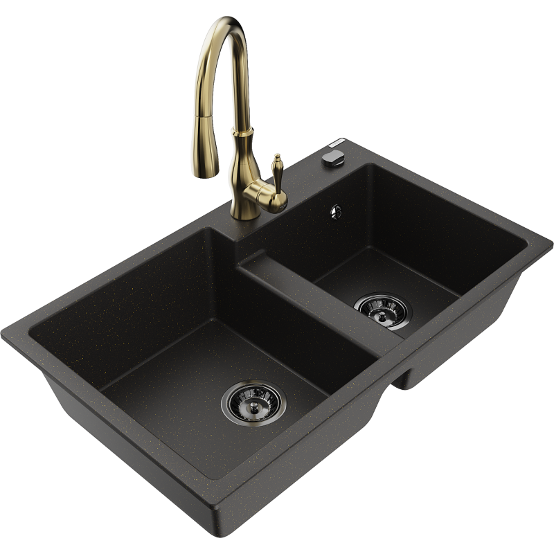 Mexen Tomas lavello in granito a 2 vasche con miscelatore da cucina Savita, nero/oro metallizzato - 6516-75-672601-50-B