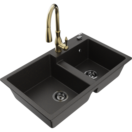 Mexen Tomas granite kitchen sink 2-bowl with Savita kitchen tap, black/gold metallic - 6516-75-672601-50-B