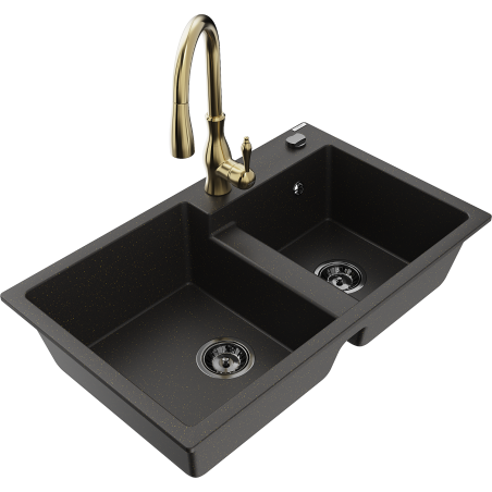 Mexen Tomas granitizlietne ar divām kamerām un virtuves krāns Savita, melns/zeltains metāliks - 6516-75-672601-50-B
