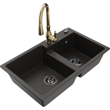 Mexen Tomas lavello in granito a 2 vasche con miscelatore da cucina Savita, nero/oro metallizzato - 6516-75-672601-50-B