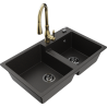 Mexen Tomas 2-compartment granite sink with Savita kitchen faucet, black/gold metallic - 6516-75-672601-50-B