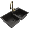 Mexen Tomas granite kitchen sink 2-bowl with Savita kitchen tap, black/gold metallic - 6516-75-672601-50-B