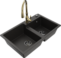Mexen Tomas fregadero de granito de 2 senos con grifo de cocina Savita, negro/oro metálico - 6516-75-672601-50-B