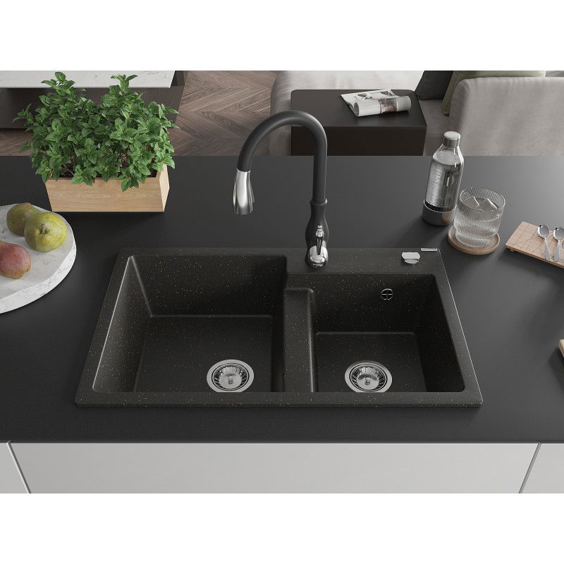 Mexen Tomas granite sink 2-chamber with Savita kitchen tap, black/golden metallic - 6516-75-672601-70