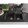 Mexen Tomas granite double-bowl sink with kitchen faucet Savita, black/gold metallic - 6516-75-672601-70