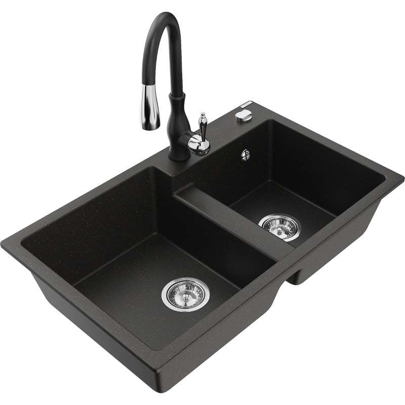Mexen Tomas granite sink 2-chamber with Savita kitchen tap, black/golden metallic - 6516-75-672601-70