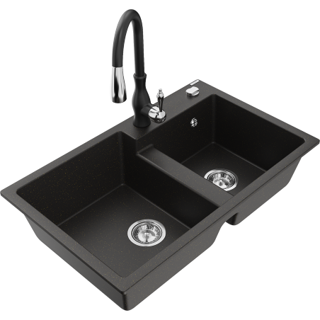 Mexen Tomas granite double-bowl sink with kitchen faucet Savita, black/gold metallic - 6516-75-672601-70