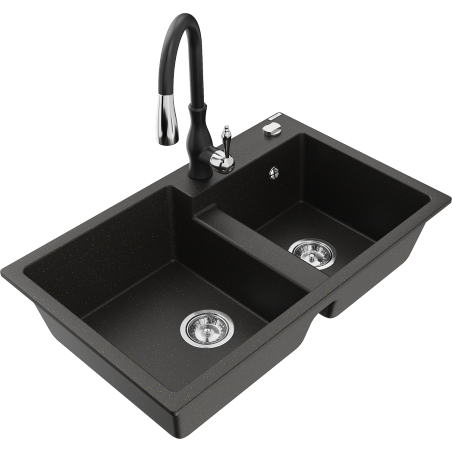 Mexen Tomas granite sink 2-chamber with Savita kitchen tap, black/golden metallic - 6516-75-672601-70