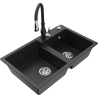Mexen Tomas granite double-bowl sink with kitchen faucet Savita, black/gold metallic - 6516-75-672601-70