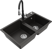 Mexen Tomas fregadero de granito de 2 senos con grifo de cocina Savita, negro/dorado metálico - 6516-75-672601-70