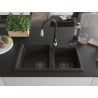 Mexen Tomas granite 2-bowl kitchen sink with Savita faucet, black/gold metallic - 6516-75-672601-70-B