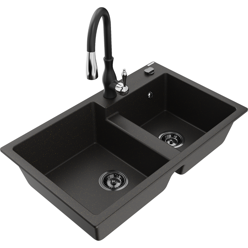 Mexen Tomas granitdiskbänk 2-fack med köksblandare Savita, svart/guld metallic - 6516-75-672601-70-B