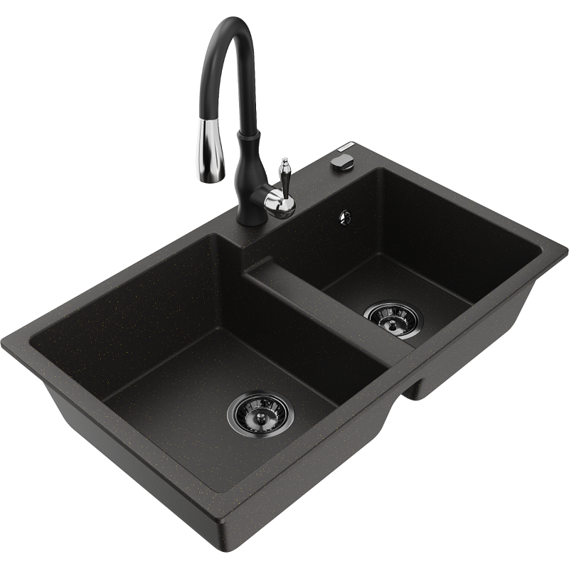 Mexen Tomas granite sink 2-chamber with Savita kitchen tap, black/gold metallic - 6516-75-672601-70-B