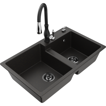 Mexen Tomas fregadero de granito de 2 compartimentos con grifo de cocina Savita, negro/oro metálico - 6516-75-672601-70-B